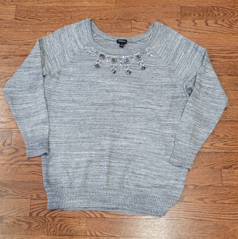Torrid Rhinestone Embellished Heather Grey Crewneck Sweat…